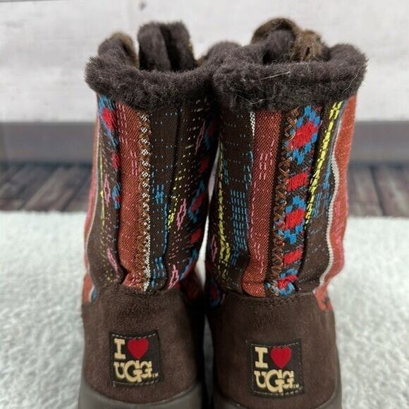 UGG Boots Womens 6 Red Brown Nordic Fair Isle Blanket Woven Fabric Faux Fur Lacy - Picture 7 of 13